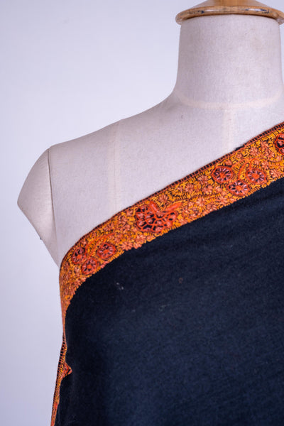 Midnight Luxe - Fine Merino Wool Shawl with Hand-Embroidered Sozni Borders