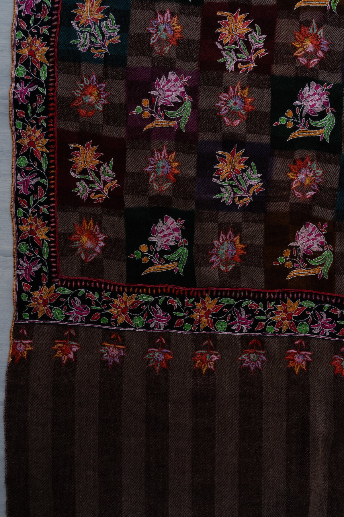 Autumn Tapestry Sozni Hand Embroidered Pure Pashmina Shawl with Multicolored Floral Checks