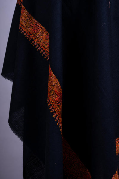 Midnight Luxe - Fine Merino Wool Shawl with Hand-Embroidered Sozni Borders