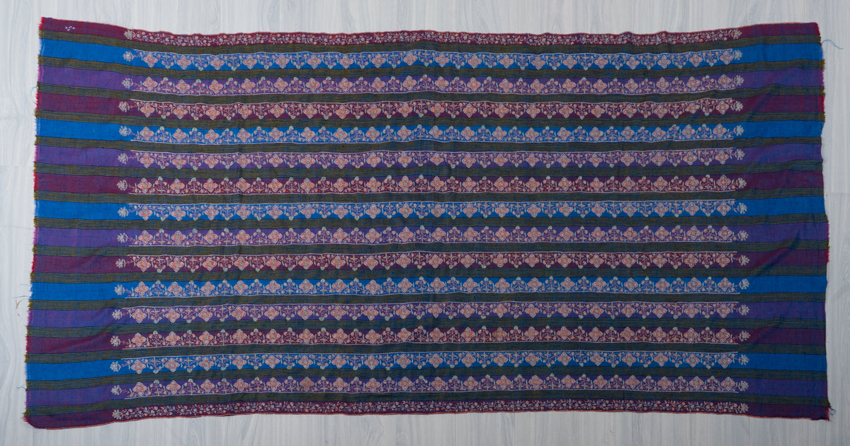 Sapphire and Amethyst Pure Pashmina Shawl with Sozni Hand Embroidered Floral Stripes