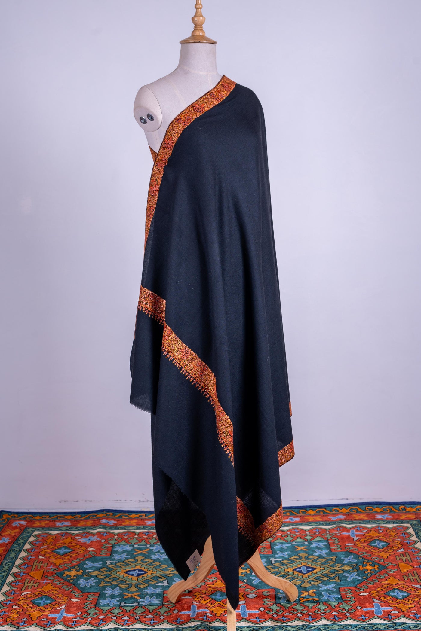 Midnight Luxe - Fine Merino Wool Shawl with Hand-Embroidered Sozni Borders