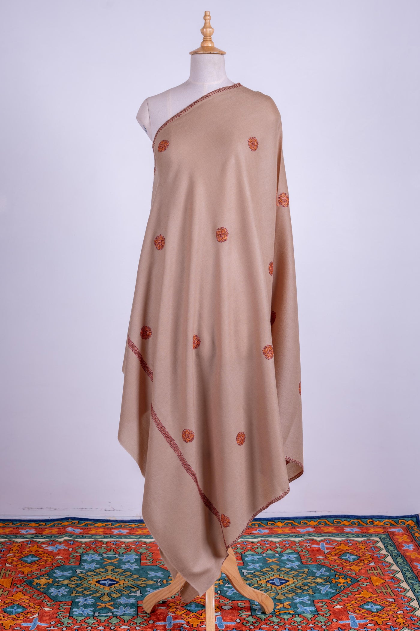 Desert Bloom - Hand-Embroidered Sozni Fine Merino Wool Shawl