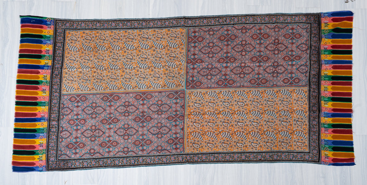 Golden Mosaic Pure Pashmina Shawl with Intricate Sozni Hand Embroidered Geometric Florals