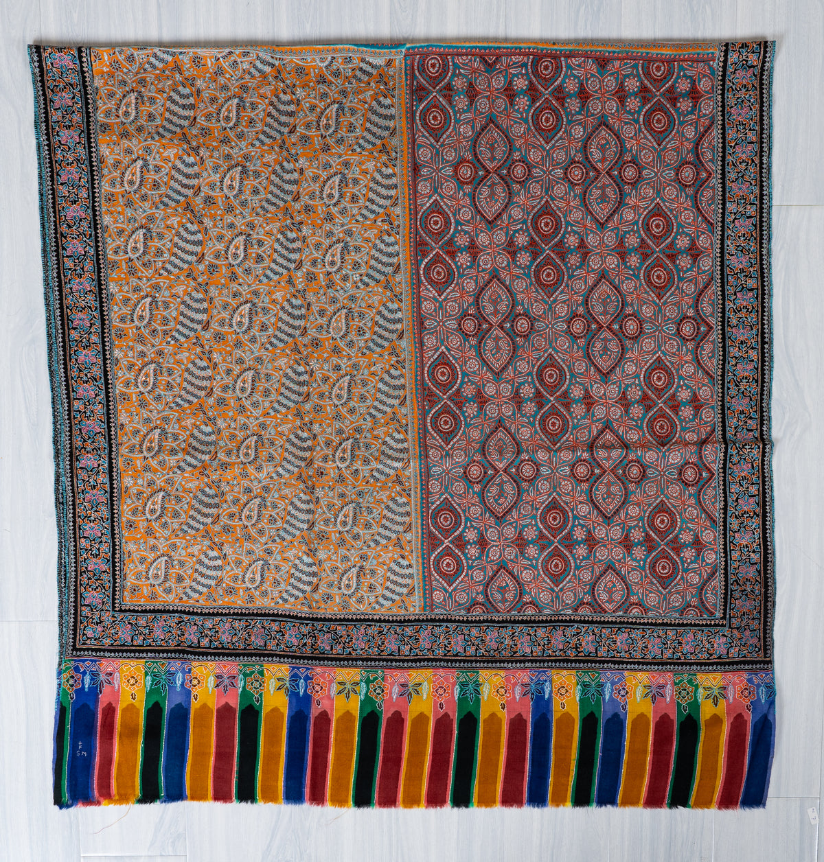 Golden Mosaic Pure Pashmina Shawl with Intricate Sozni Hand Embroidered Geometric Florals