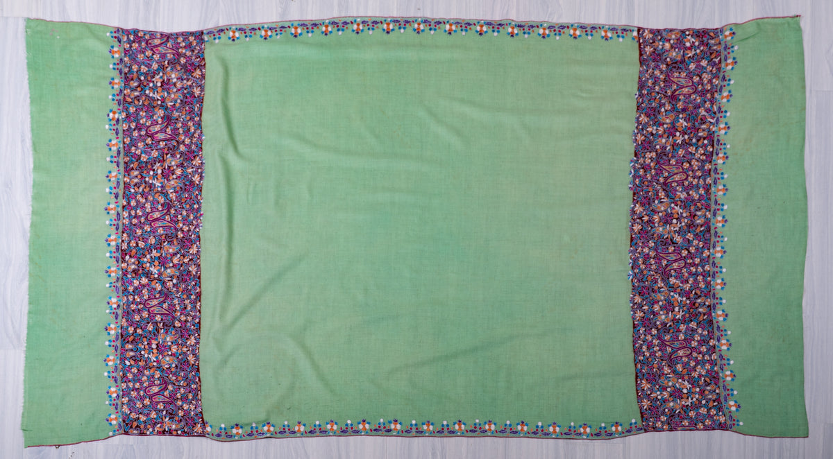 Mint Green Pure Pashmina Shawl with Vibrant Sozni Hand Embroidered Floral Paisleys