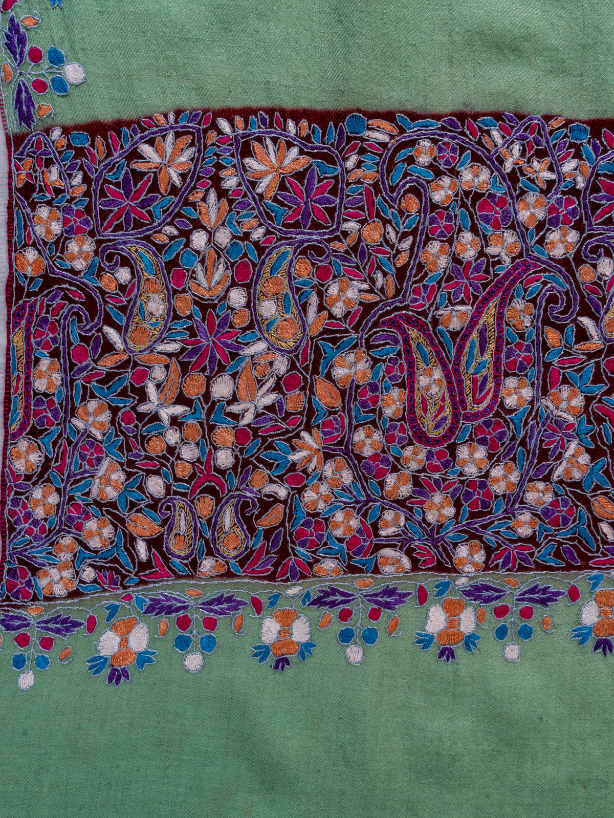 Mint Green Pure Pashmina Shawl with Vibrant Sozni Hand Embroidered Floral Paisleys