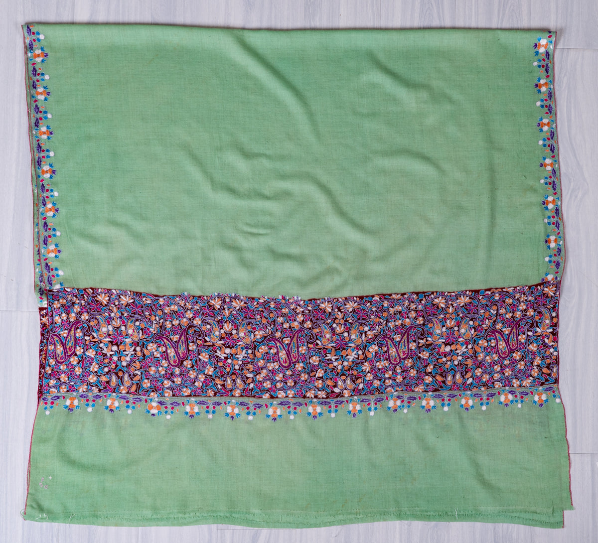 Mint Green Pure Pashmina Shawl with Vibrant Sozni Hand Embroidered Floral Paisleys