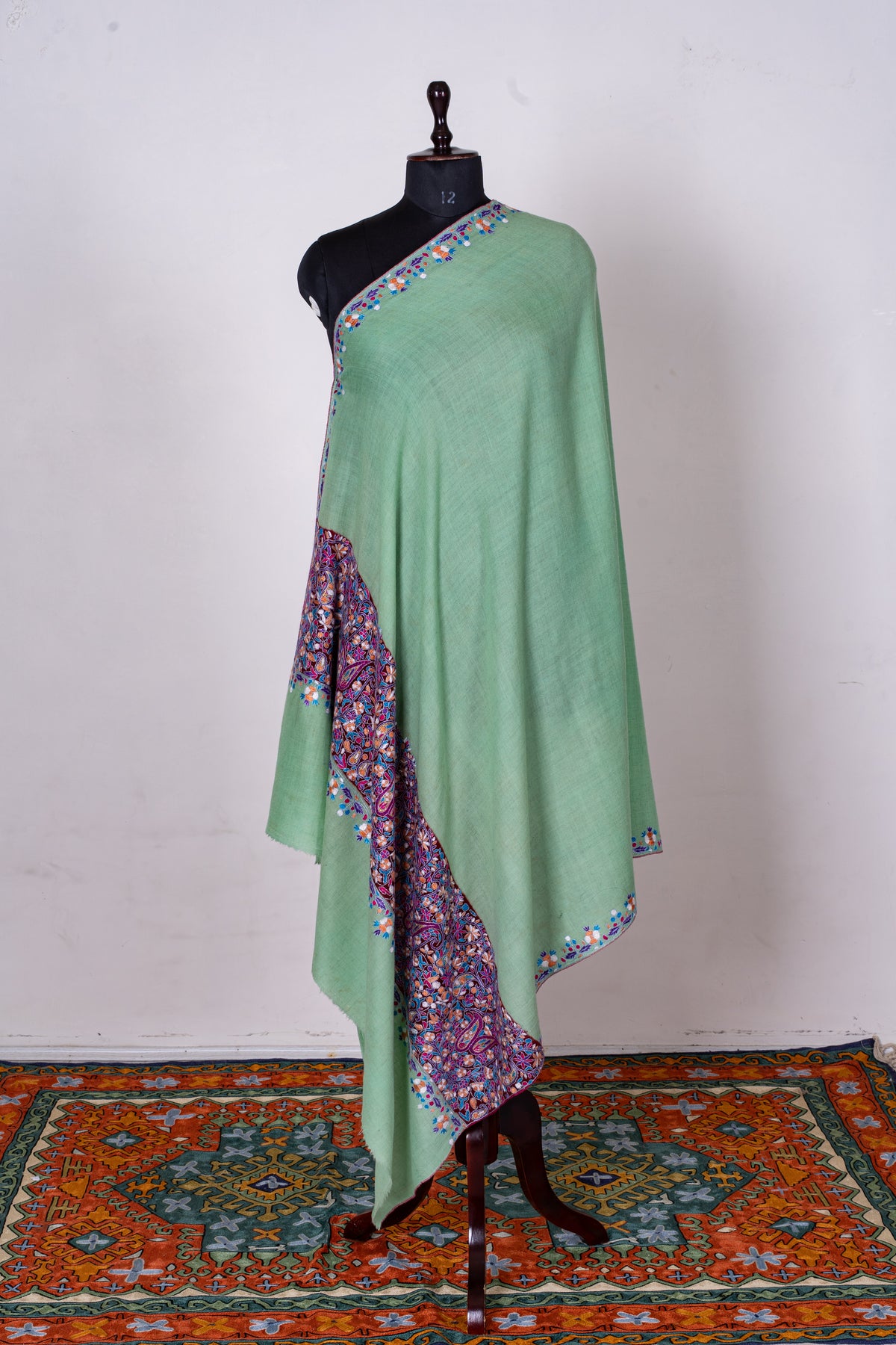 Mint Green Pure Pashmina Shawl with Vibrant Sozni Hand Embroidered Floral Paisleys