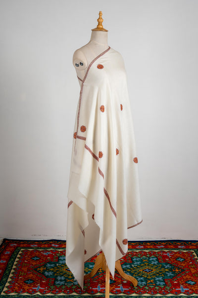 Ivory Elegance Merino Wool Shawl with Sozni Hand Embroidery