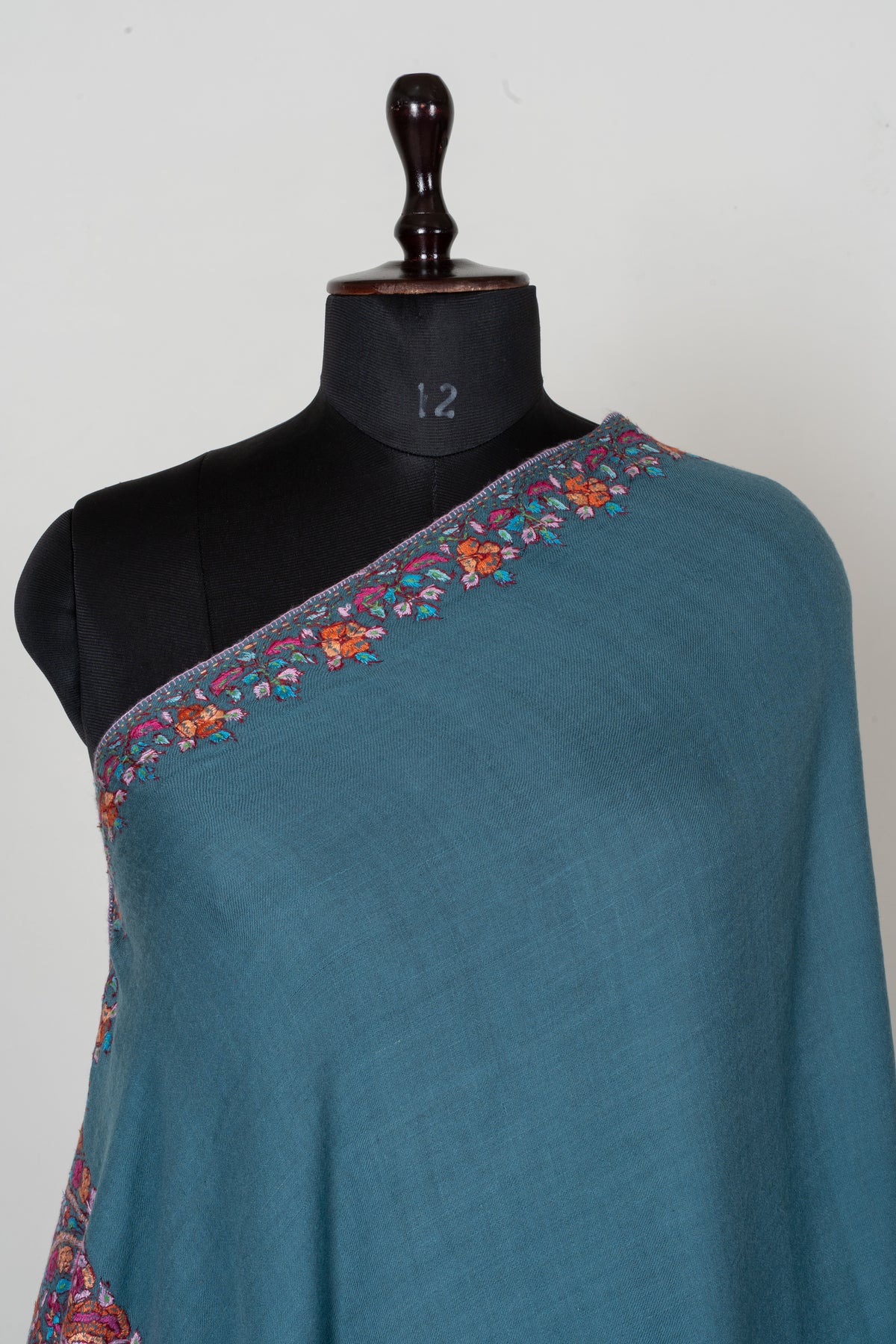 Dusty Teal Pure Pashmina Shawl with Jewel-Toned Sozni Hand Embroidered Paisley Accents