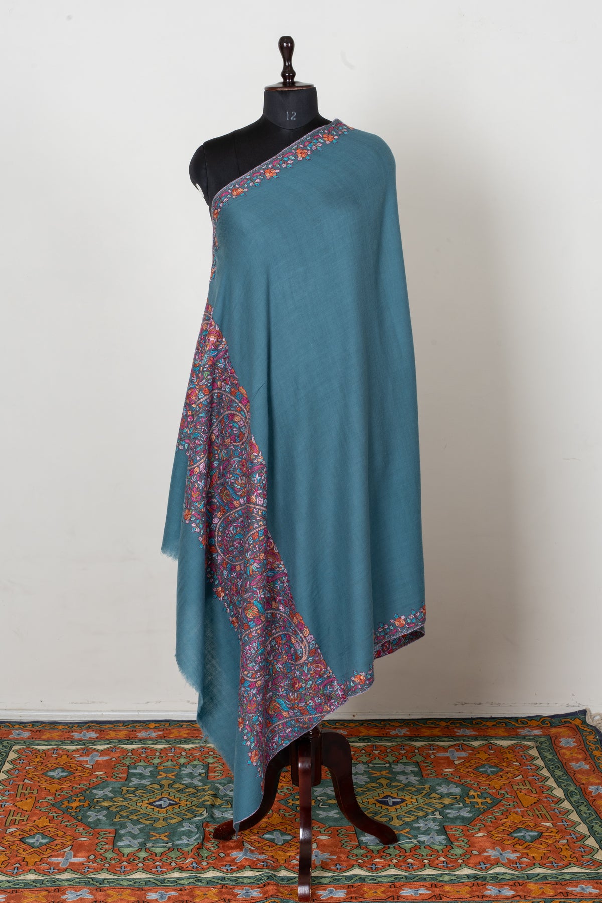 Dusty Teal Pure Pashmina Shawl with Jewel-Toned Sozni Hand Embroidered Paisley Accents