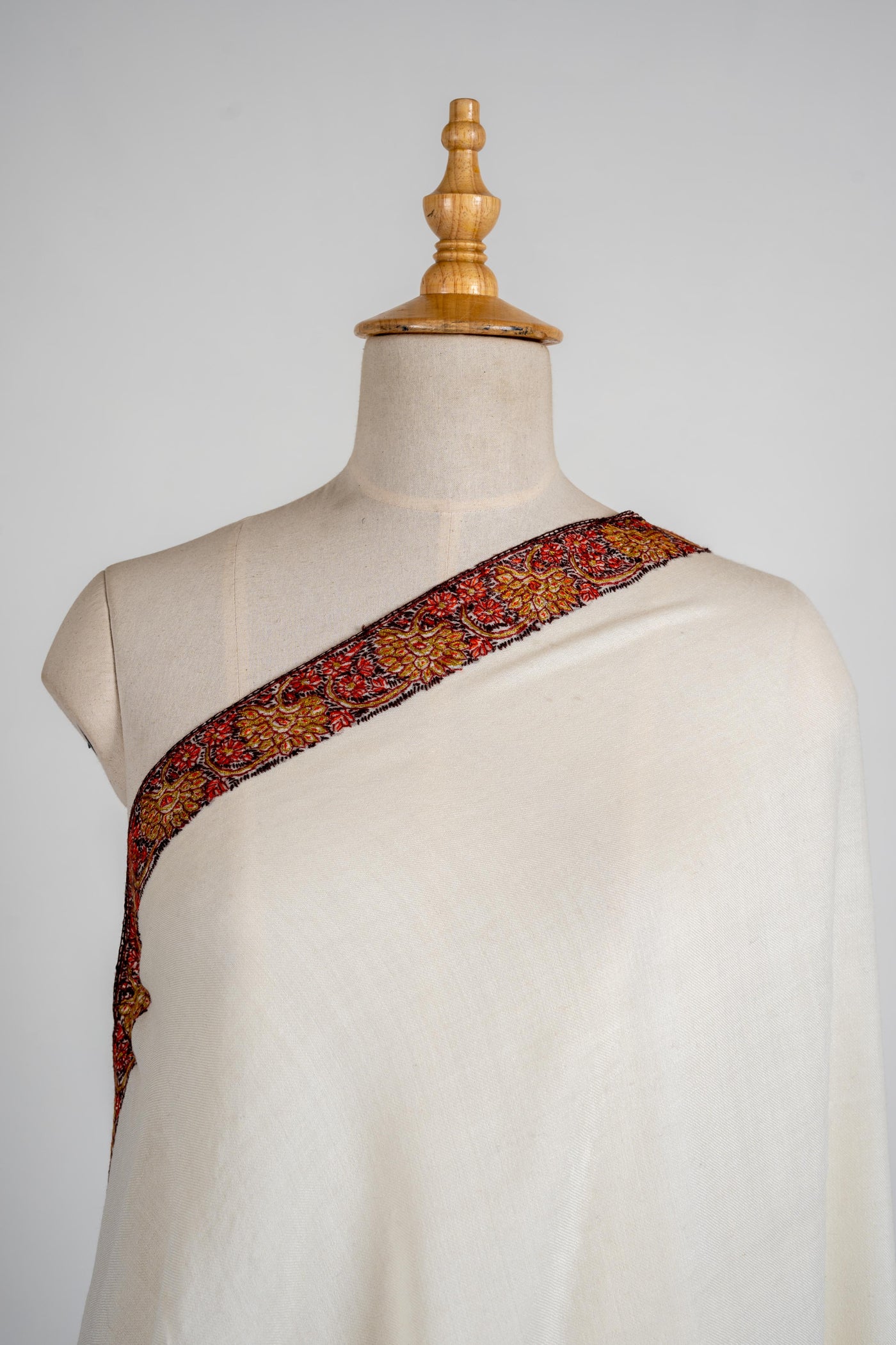 Heritage Border Merino Wool Shawl with Hand-Embroidered Sozni Detail