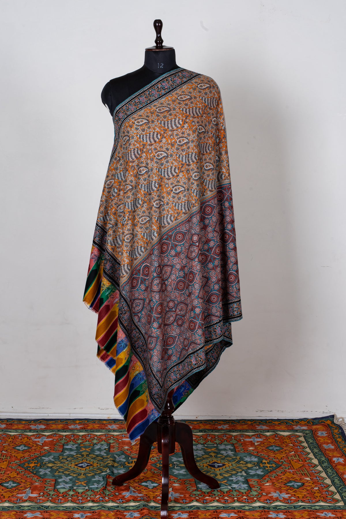 Golden Mosaic Pure Pashmina Shawl with Intricate Sozni Hand Embroidered Geometric Florals