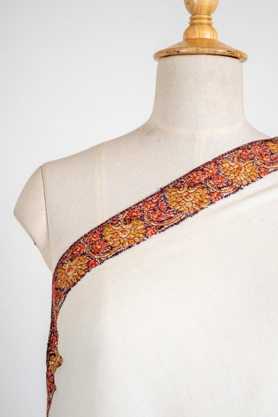 Heritage Border Merino Wool Shawl with Hand-Embroidered Sozni Detail