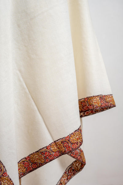 Heritage Border Merino Wool Shawl with Hand-Embroidered Sozni Detail