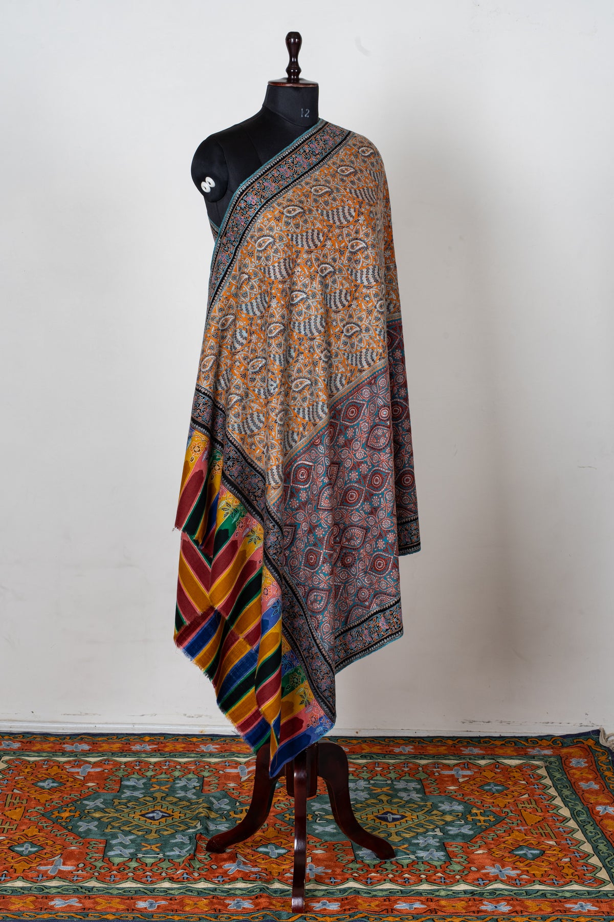 Golden Mosaic Pure Pashmina Shawl with Intricate Sozni Hand Embroidered Geometric Florals