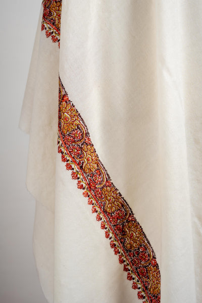 Heritage Border Merino Wool Shawl with Hand-Embroidered Sozni Detail