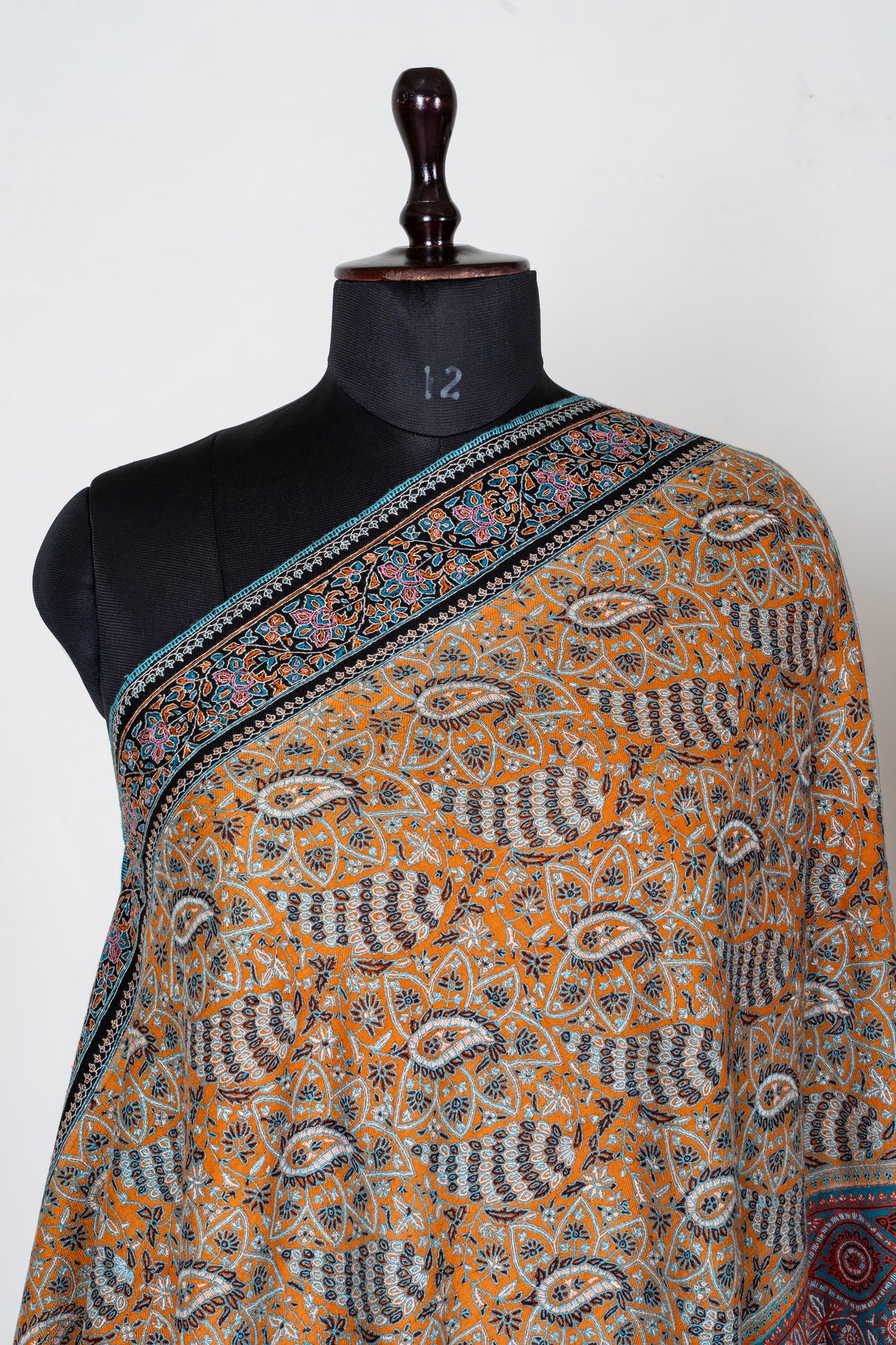 Golden Mosaic Pure Pashmina Shawl with Intricate Sozni Hand Embroidered Geometric Florals