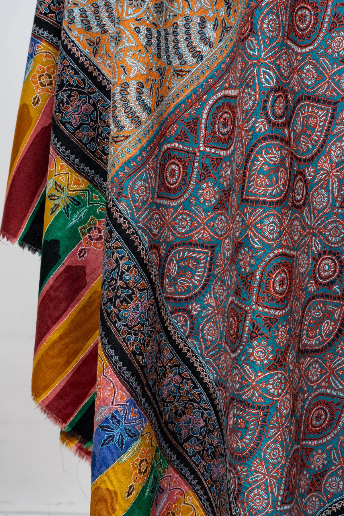 Golden Mosaic Pure Pashmina Shawl with Intricate Sozni Hand Embroidered Geometric Florals