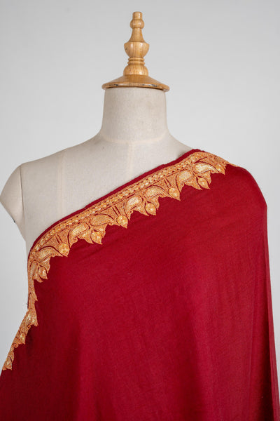 Crimson Majesty Merino Wool Shawl with Tilla Embroidery