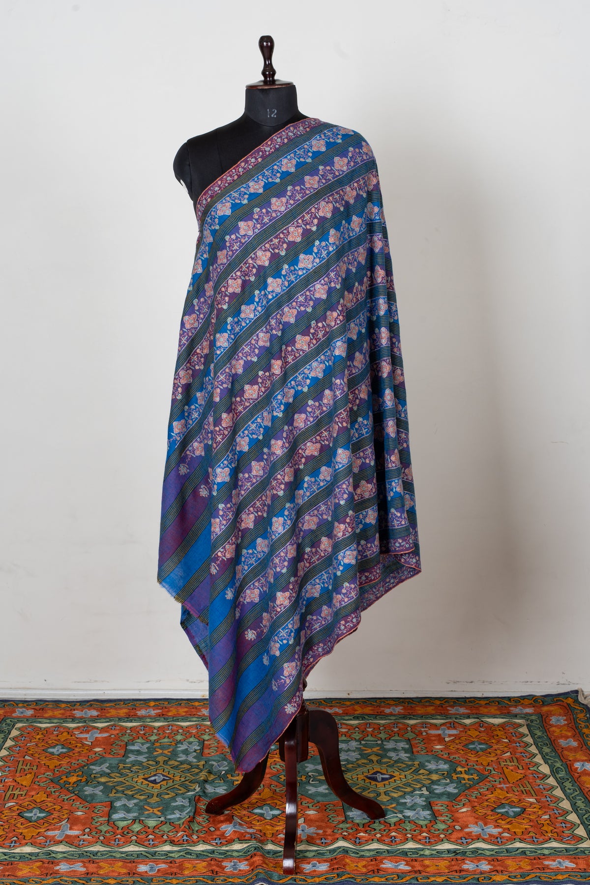 Sapphire and Amethyst Pure Pashmina Shawl with Sozni Hand Embroidered Floral Stripes
