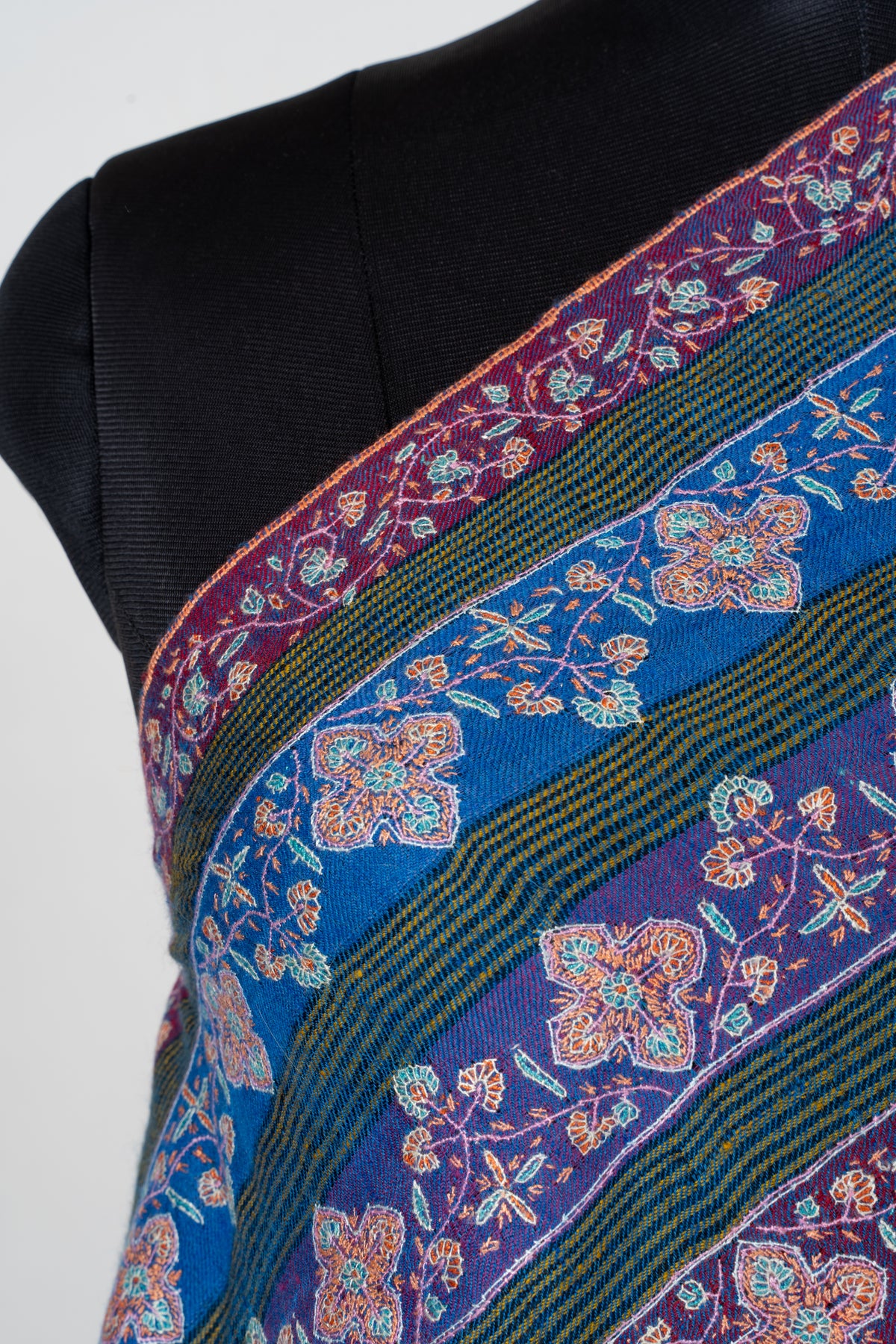 Sapphire and Amethyst Pure Pashmina Shawl with Sozni Hand Embroidered Floral Stripes