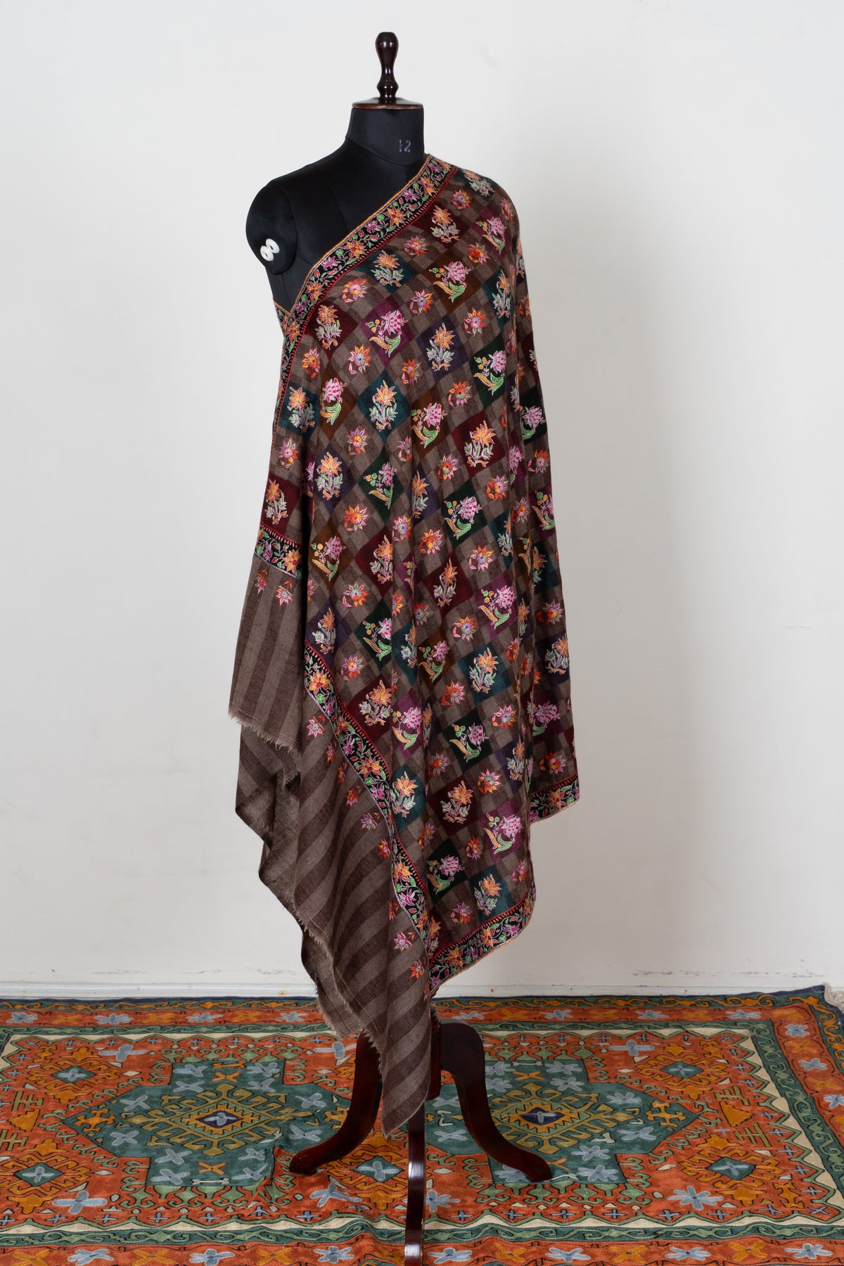Autumn Tapestry Sozni Hand Embroidered Pure Pashmina Shawl with Multicolored Floral Checks