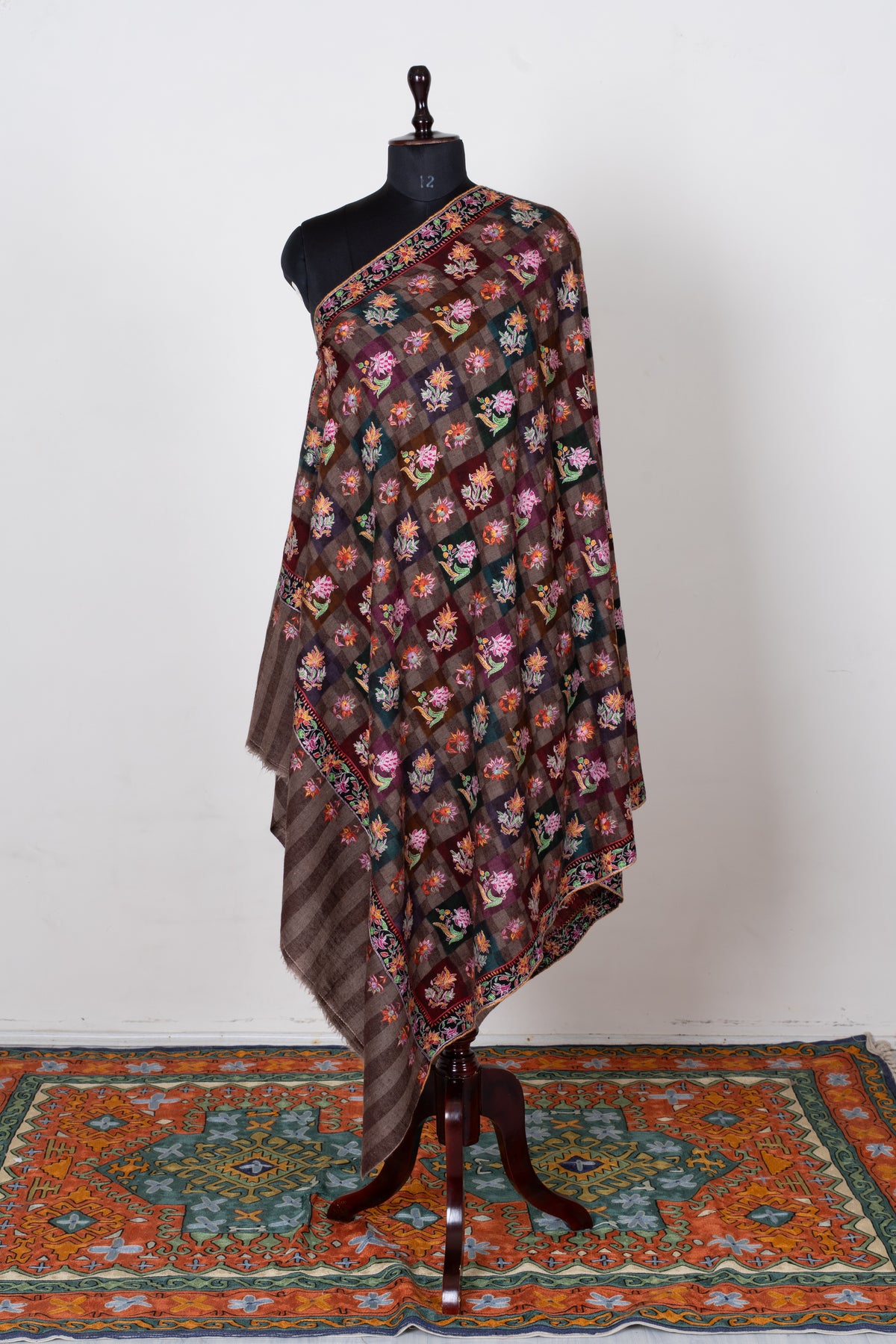 Autumn Tapestry Sozni Hand Embroidered Pure Pashmina Shawl with Multicolored Floral Checks