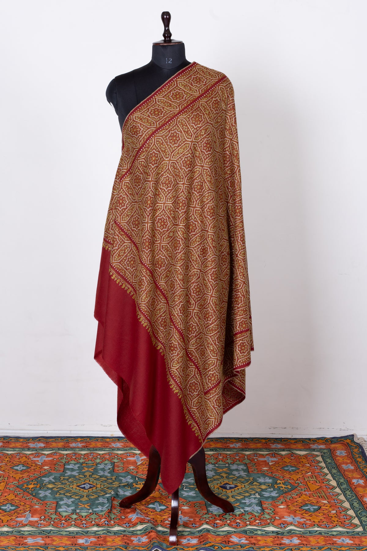 Royal Garnet Fine Merino Wool Shawl with Golden Sozni Hand Embroidered Geometric Patterns