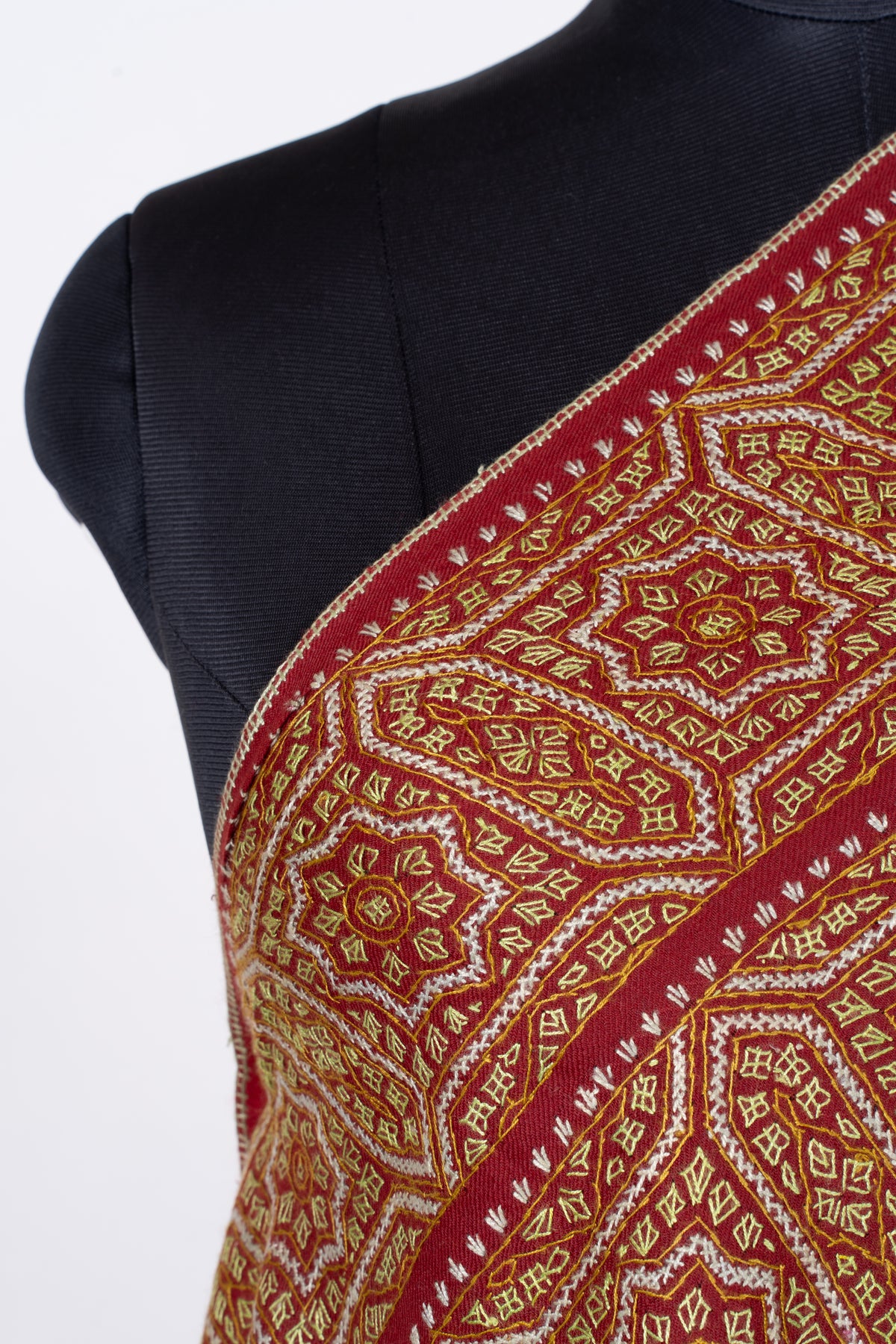 Royal Garnet Fine Merino Wool Shawl with Golden Sozni Hand Embroidered Geometric Patterns