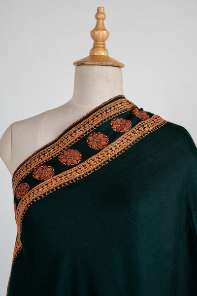 Emerald Grace Merino Wool Shawl with tilla and Sozni Borders