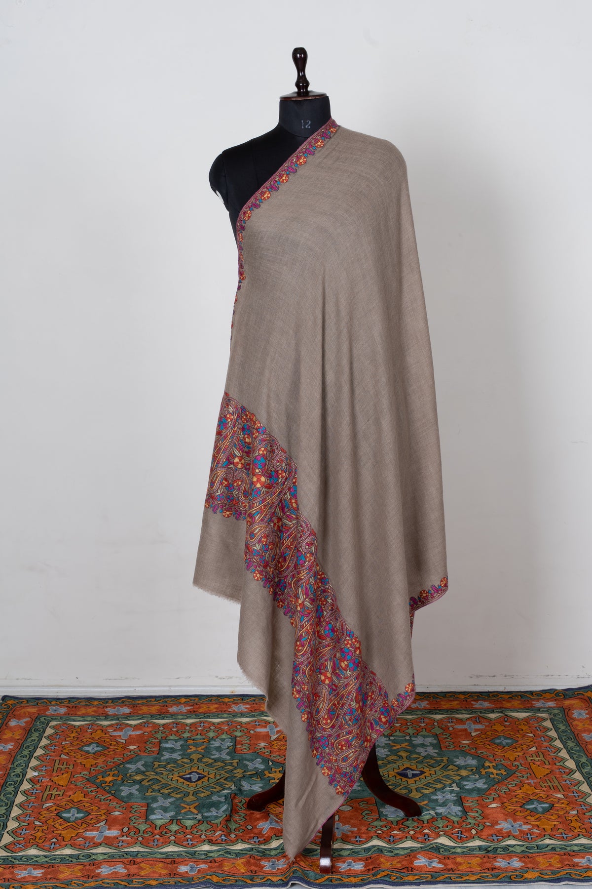 Sandstone Elegance Pure Pashmina Shawl with Vibrant Sozni Hand Embroidered Paisley Borders
