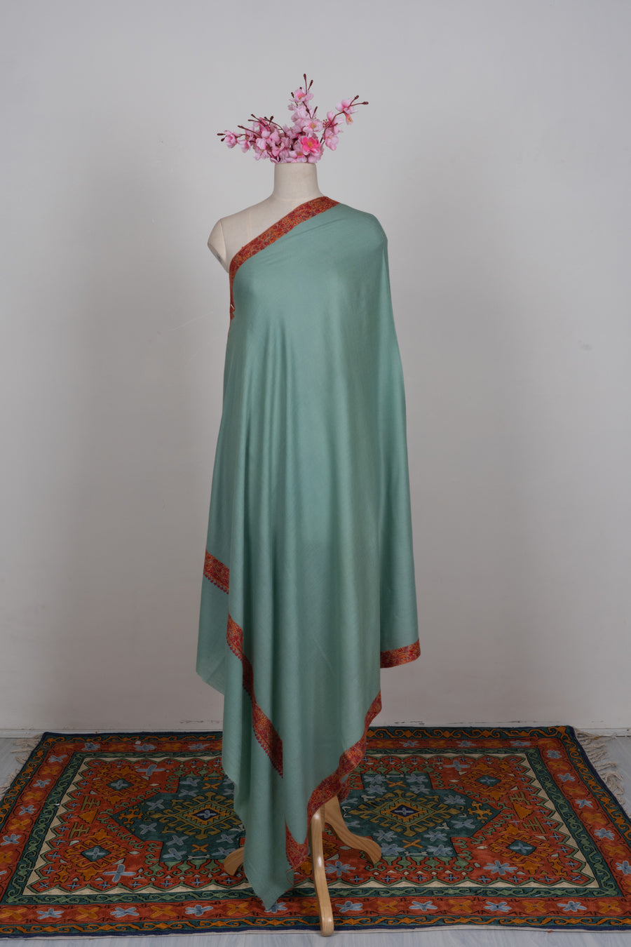 Celeste Mist Merino wool 2.5 Yards Sozni Hand Embroidered Shawl