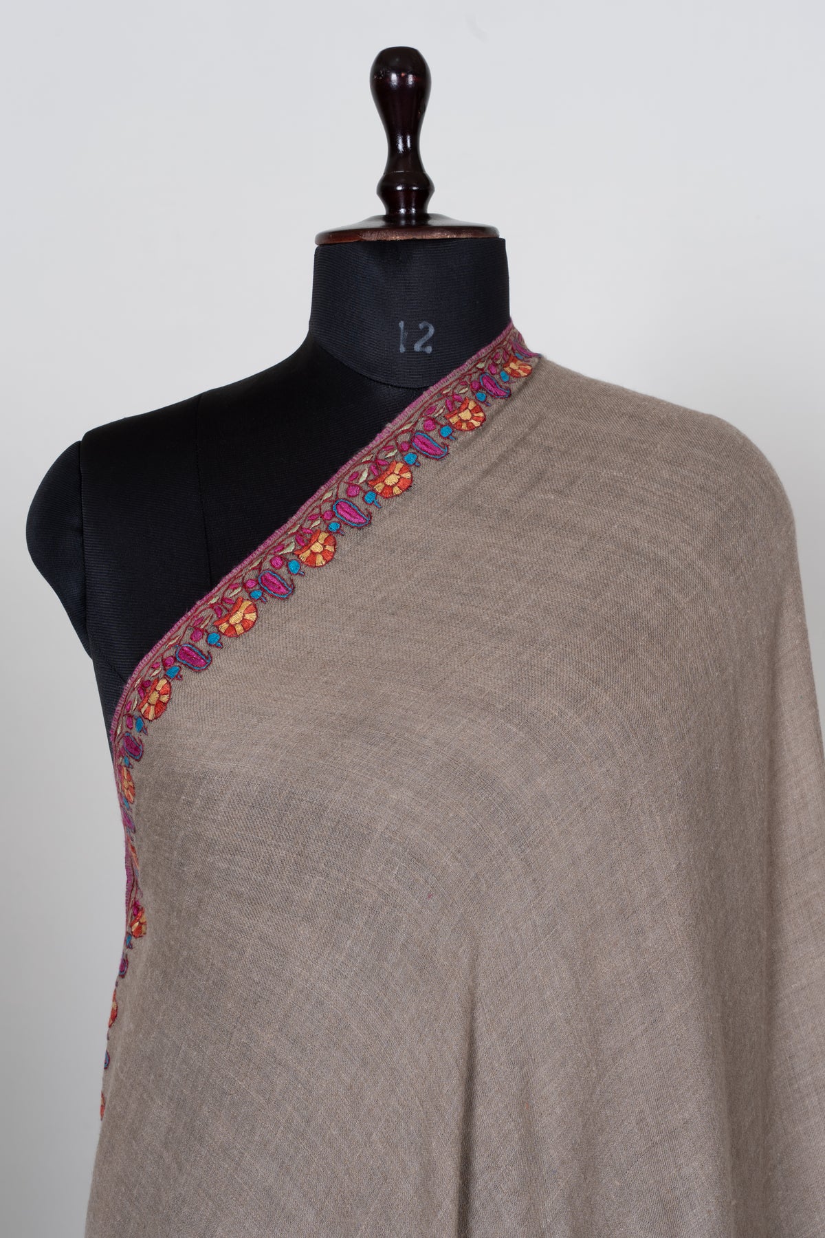 Sandstone Elegance Pure Pashmina Shawl with Vibrant Sozni Hand Embroidered Paisley Borders