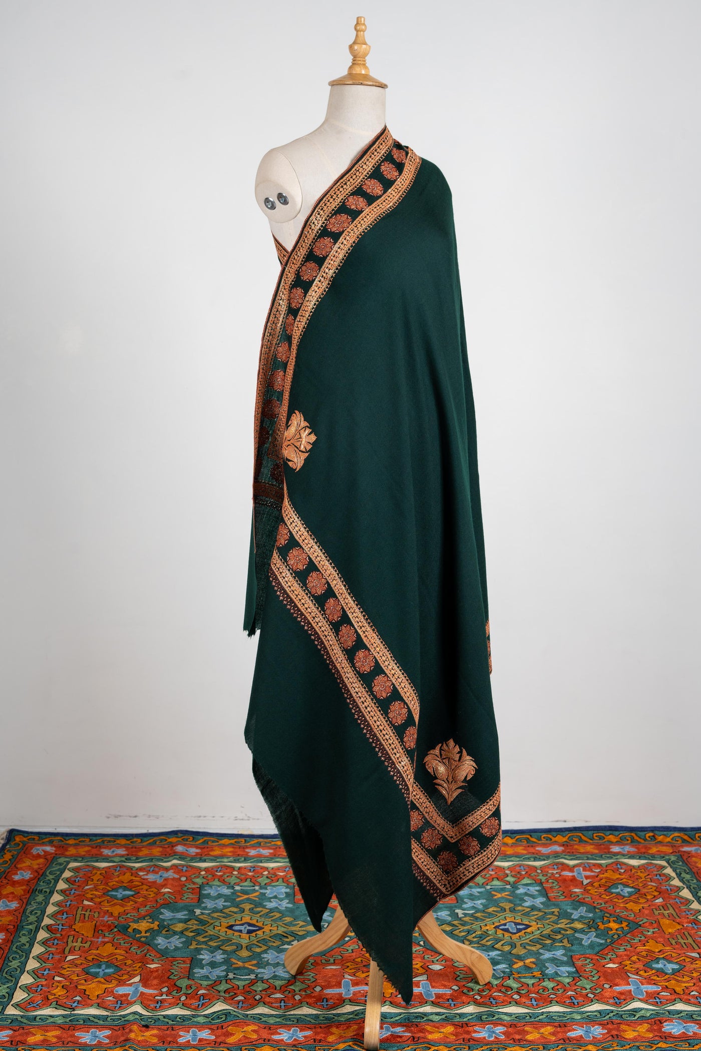 Emerald Grace Merino Wool Shawl with tilla and Sozni Borders