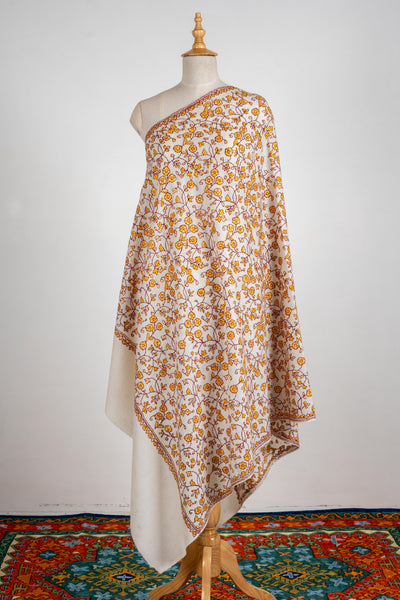 Golden Blossom Merino Wool Shawl with All-Over Sozni Embroidery