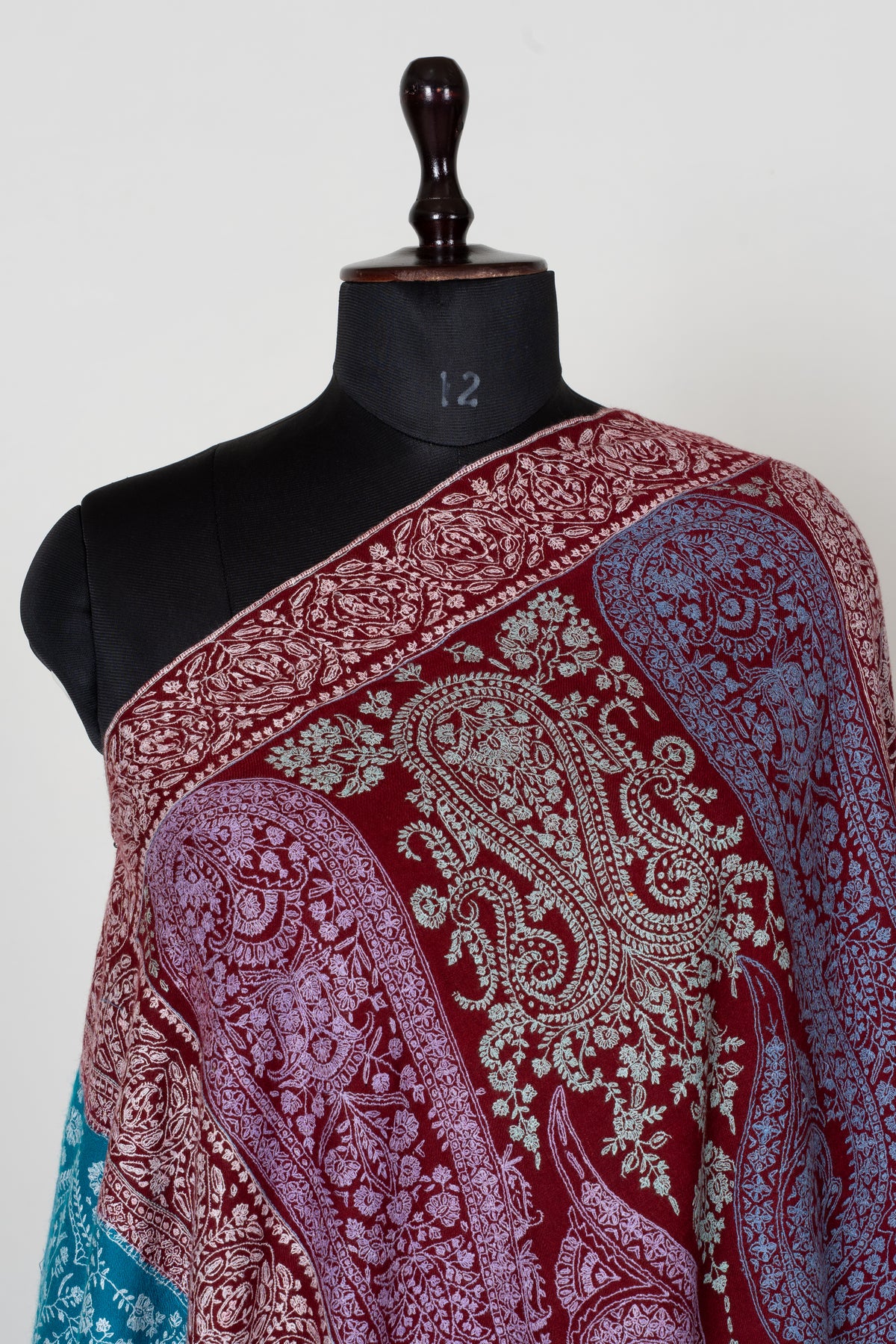 Royal Burgundy and Turquoise Sozni Hand Embroidered Pure Pashmina Shawl with Ornate Paisley Panels