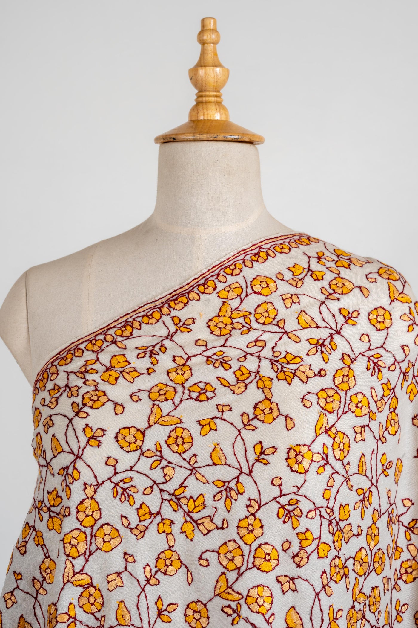 Golden Blossom Merino Wool Shawl with All-Over Sozni Embroidery