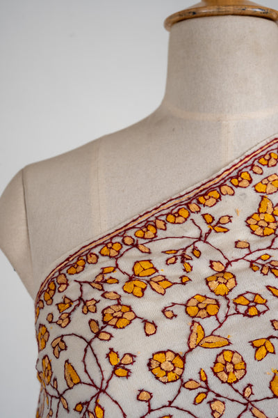 Golden Blossom Merino Wool Shawl with All-Over Sozni Embroidery