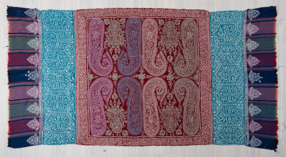 Royal Burgundy and Turquoise Sozni Hand Embroidered Pure Pashmina Shawl with Ornate Paisley Panels