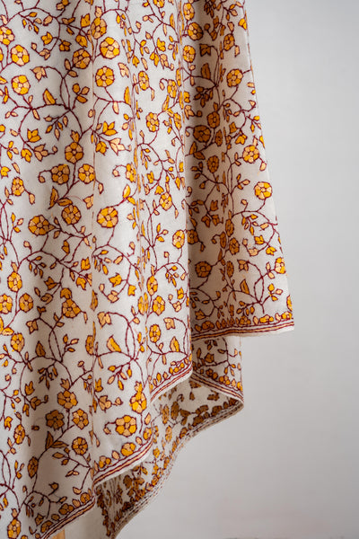 Golden Blossom Merino Wool Shawl with All-Over Sozni Embroidery