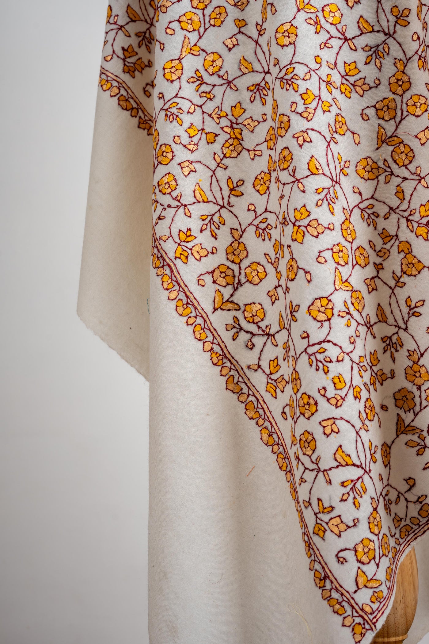 Golden Blossom Merino Wool Shawl with All-Over Sozni Embroidery