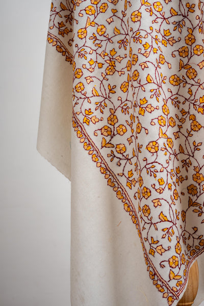 Golden Blossom Merino Wool Shawl with All-Over Sozni Embroidery