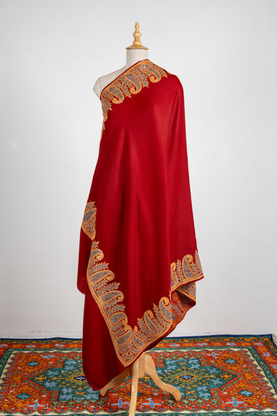 Crimson Majesty Merino Wool Shawl with Tilla & Sozni Borders