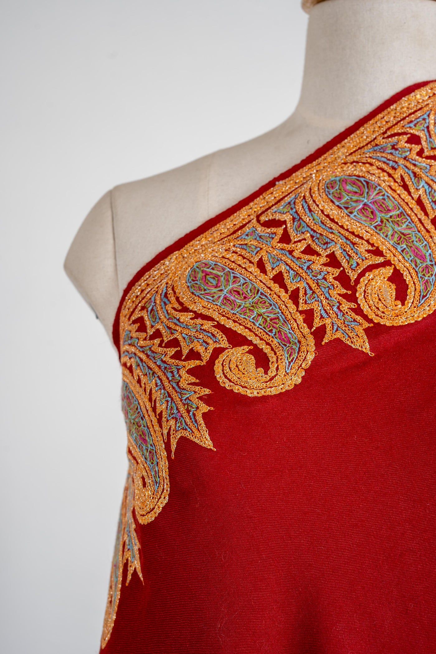 Crimson Majesty Merino Wool Shawl with Tilla & Sozni Borders