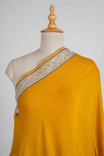 Golden Opulence Merino Wool Shawl with Intricate Hand-Embroidered Borders