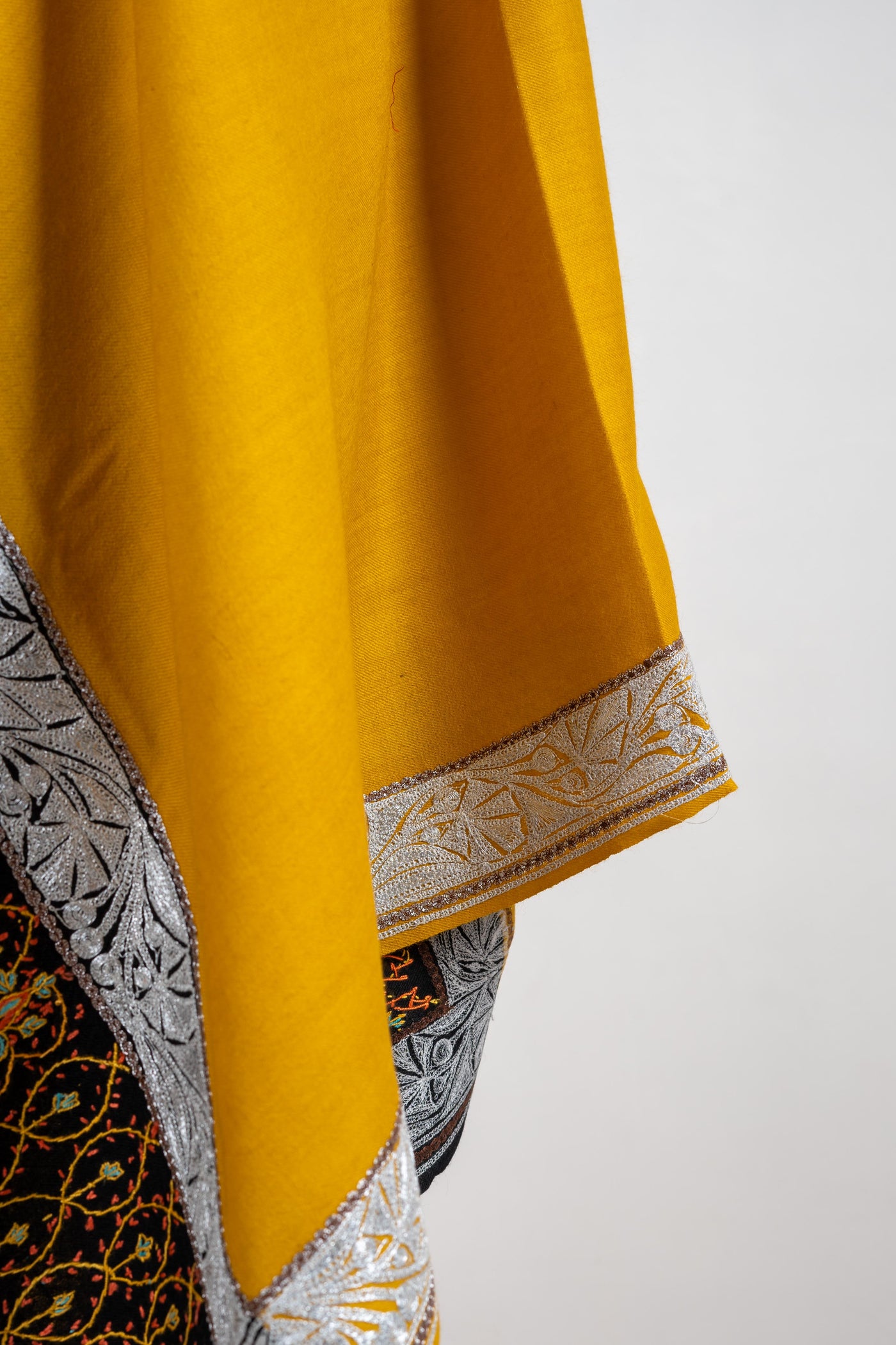 Golden Opulence Merino Wool Shawl with Intricate Hand-Embroidered Borders