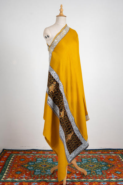 Golden Opulence Merino Wool Shawl with Intricate Hand-Embroidered Borders