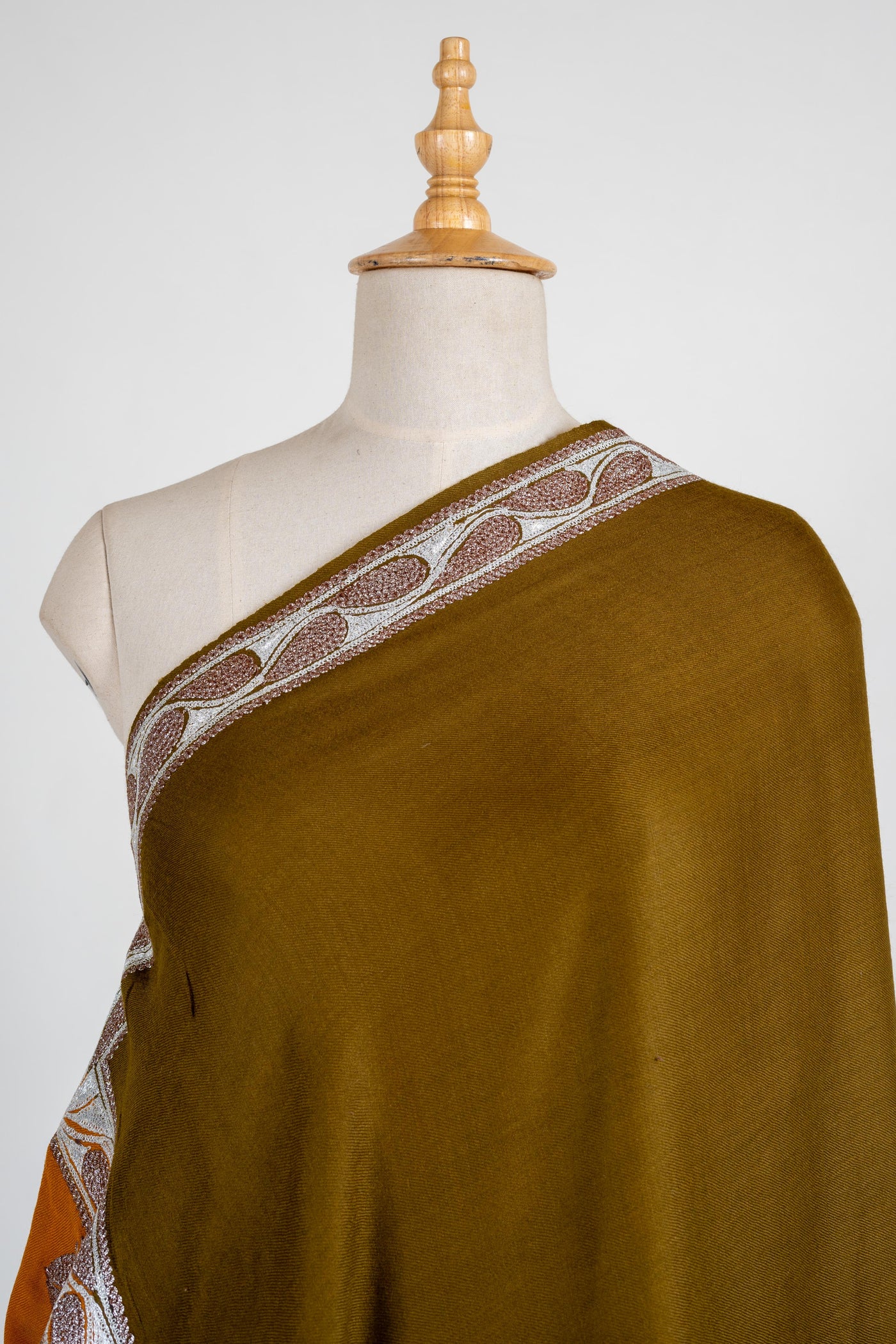 Olive Symphony Merino Wool Shawl with Tilla Embroidery