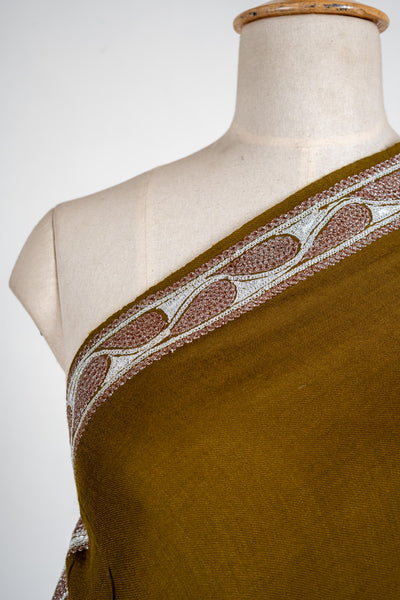 Olive Symphony Merino Wool Shawl with Tilla Embroidery